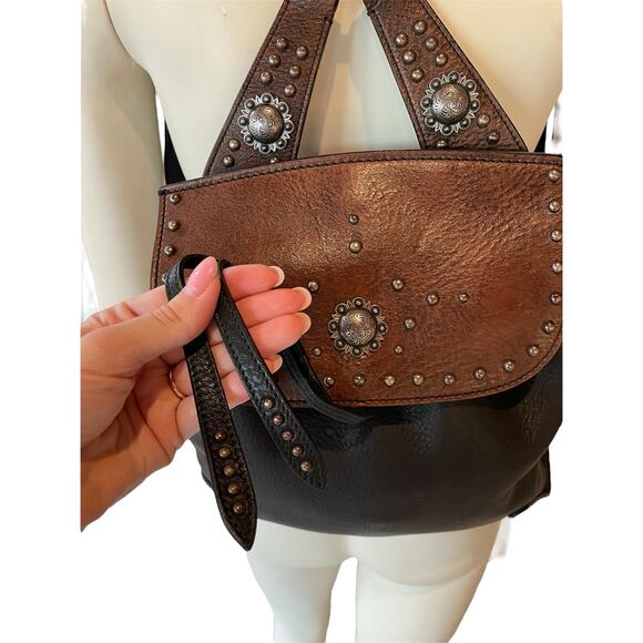 Ralph Lauren Purple Label Studded Two Tone Leather Backpack Black Brown - Picture 11 of 16